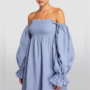 SLEEPER Off-The-Shoulder Atlanta Linen Dress in Light Blue, Size S